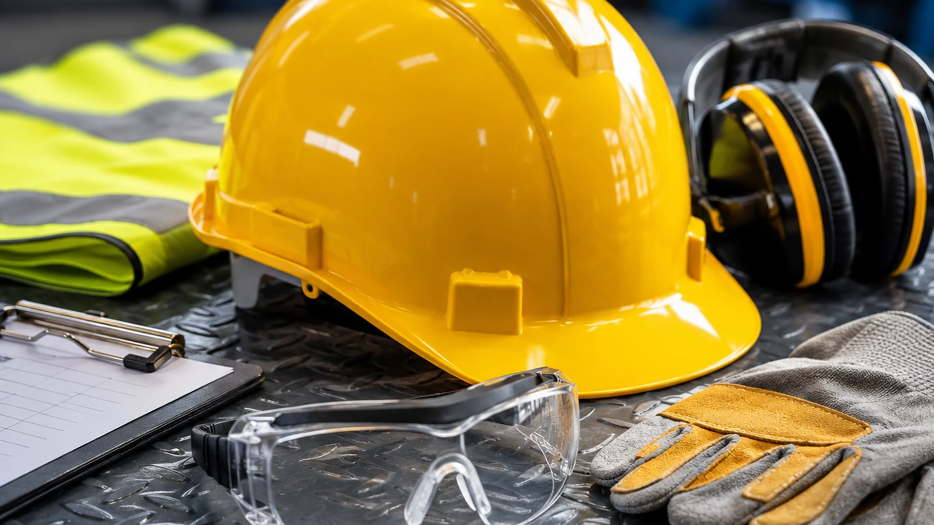 Composição premium de segurança do trabalho com EPI e ambiente técnico moderno